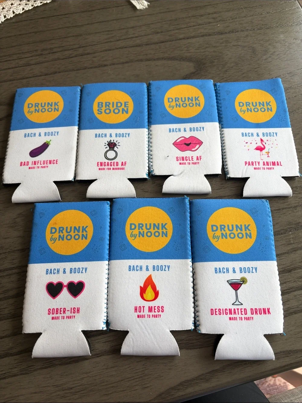 Drunk by Noon Blue Can Cooler Sleeves - 7-Pack Bachelorette Party Favors NWOT